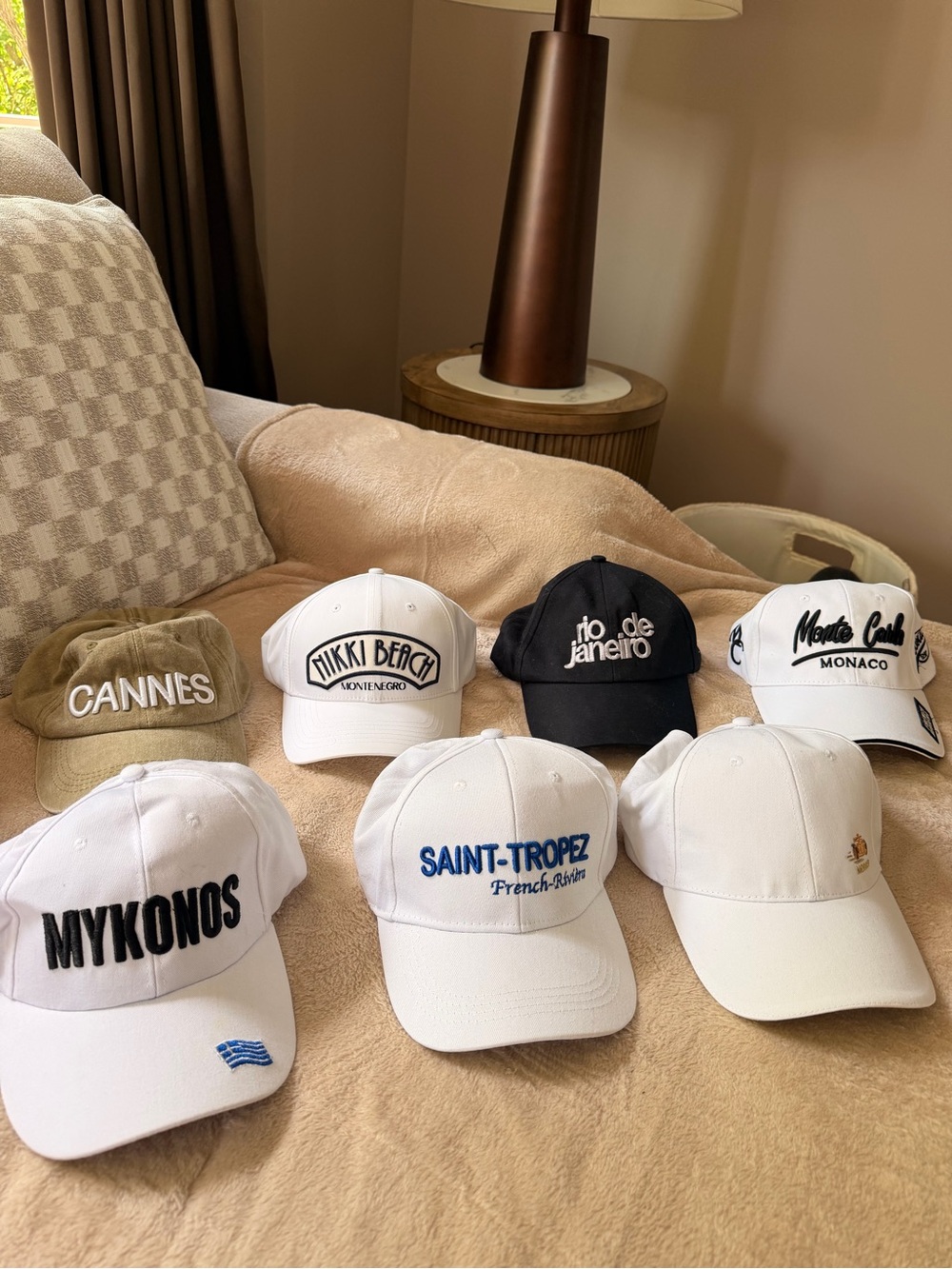 Assorted Destination Baseball Caps - White, Black & Khaki